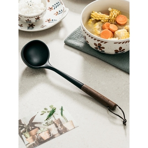 德国进口食品级日式硅胶汤勺家用木把粥勺长柄勺子大汤匙盛汤专用