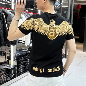香港潮牌夏季新款男士潮流短袖T恤修身个性翅膀印花烫钻半袖上衣