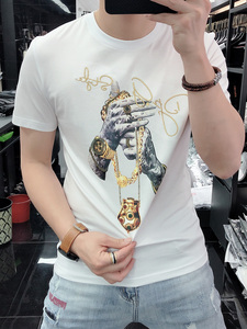 香港潮牌2024新款冰丝烫钻白色t恤男士流行印花大码夏季网红短袖