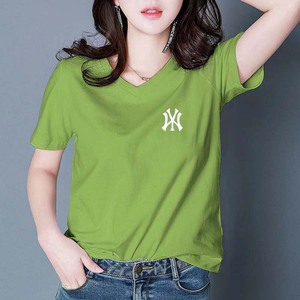 品牌纯棉绿色V领短袖t恤女夏季2024年新款宽松显瘦丅恤体桖打底衫
