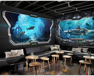 科幻风装修太空舱壁纸海底世界探秘潜艇3d海洋科技感装饰背景墙纸