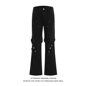 HTTAOSUP潮流工装复古绑带设计微喇叭机能美式黑色牛仔裤男女裤子