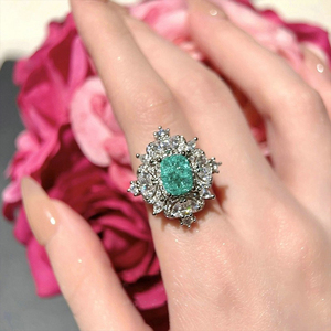 多巴胺湖蓝绿色宝石花朵戒指女镀18K金复古轻奢高级方形锆石耳环