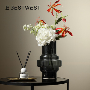 BESTWEST创意黑色透明水培玻璃花瓶摆件家居现代简约客厅桌面花器