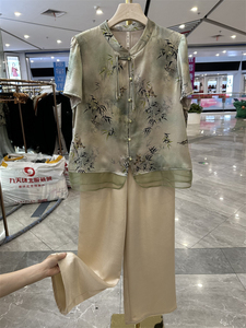 新中式妈妈天丝衬衫休闲裤两件套夏装新款洋气高贵中老年裤子套装