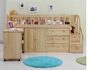 高低床儿童实木床 松木儿童床 单人床儿童书桌组合床半高床带护栏