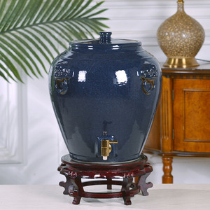 景德镇陶瓷米缸蓝色酒坛茶缸泡酒带龙头带盖狮子头瓷器50斤米箱