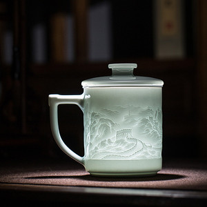 景德镇高档陶瓷影青玲珑办公杯家用大容量喝水杯子茶水分离泡茶杯