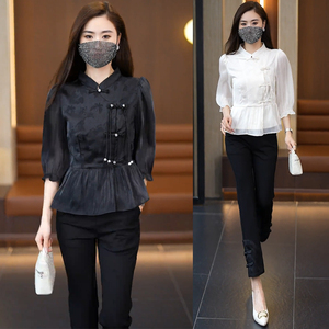 中式国风时尚套装女2024春季新款小个子洋气显瘦衬衫九分裤两件套