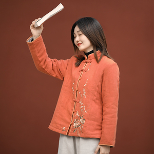 中国风高端亚麻盘扣外套短款棉衣复古中式茶服女装刺绣唐装棉服