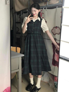 夏季新款韩系校园风假两件衬衫拼接连衣裙女学生宽松POLO领中长裙
