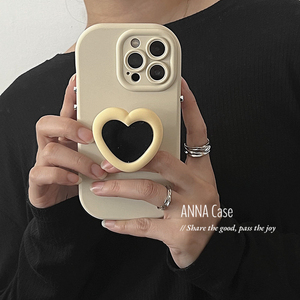 ANNACASE小众奶白淡黄爱心镜子支架适用iphone14promax苹果15手机壳11新款12pro硅胶x全包13Promax防摔保护套