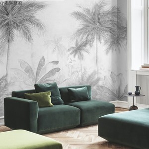 手绘东南亚热带植物灰色墙纸沙发背景墙壁纸卧室艺术酒店密林壁画