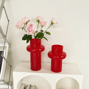 北欧简约创意红色玻璃花瓶水养插花鲜花富贵竹客厅餐桌装饰品摆件
