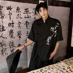 新中式男装国风半袖夏季斜襟盘扣刺绣衬衫外套黑色kimono道袍短袖