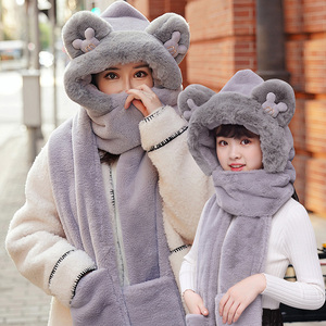 韩版亲子连体骑车小熊帽子手套围巾三件套一体女冬季儿童保暖围脖