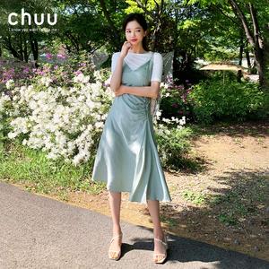 chuu纯色v领褶皱吊带连衣裙女2019夏新款韩版个性不规则