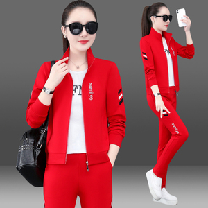 中国红运动套装女2024秋季新款红衣红裤修身显瘦立领休闲三件套潮