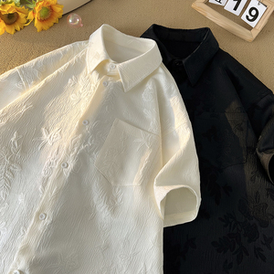 暗纹提花短袖衬衫男士夏季新中式国风高级感衬衣潮牌大码休闲外套