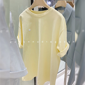 奶黄色纯棉短袖t恤女夏季宽松显瘦百搭中长款减龄半袖上衣服ins潮