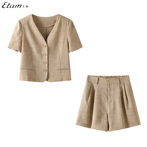 Etam/艾格2024夏新款休闲套装两件套短袖西装外套高腰短裤通勤女