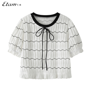 Etam/艾格白色条纹小香风蕾丝T恤女2024夏季新款雪纺小衫短袖上衣