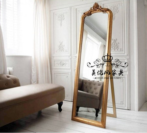欧式橡木木雕花公主镜梳妆镜法式金色复古卧室试衣镜落地镜全身镜