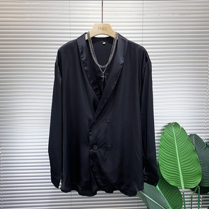 2022新品西装领设计双排扣丝滑衬衣垂感宽松高级感长袖衬衫男薄款