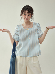 「北岛AMUU原创」法式方领条纹泡泡袖衬衫女夏季宽松显瘦短袖上衣