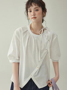 「北岛AMUU原创」圆领不规则纽扣白色衬衫女夏季新款设计感上衣女