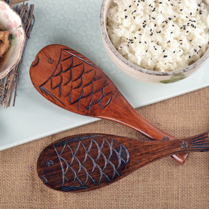 实木勺日式勺鱼形勺米饭勺子鱼型饭勺和风勺植物漆创意木勺优质木