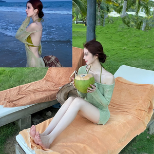 泳衣女夏季ins风性感辣妹绿色比基尼三件套罩衫防晒沙滩度假泳装