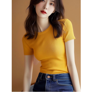 亮黄色条纹短袖针织t恤女2024夏季新款修身显瘦上衣独特别致小衫