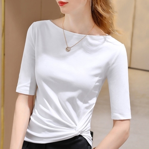 洋气修身打底白色T恤女2024年夏季新款设计感时髦不规则百搭上衣