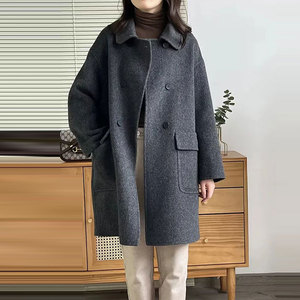 双面羊绒大衣女秋冬2023年新款高端中长款双排扣深灰色羊毛呢外套