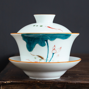 陶瓷盖碗茶杯大号300ML家用手绘釉下彩加厚单个普洱三炮台泡茶碗
