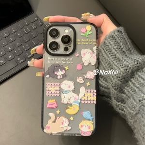 少女心可爱猫猫适用iPhone15roMax手机壳苹果14全包小清新卡通保护套13透明12/xr潮流黑色边框硅胶软壳