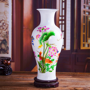 景德镇陶瓷花瓶中国红描金牡丹荷花观音瓶家居工艺品摆件结婚礼品