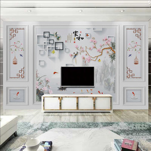 新中式电视背景墙壁纸花鸟墙纸卧室客厅3d自带假边框壁画无缝墙布