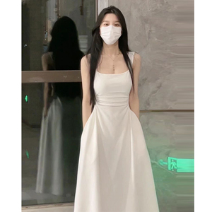 赵露思同款吊带连衣裙女2024新款收腰气质白色长裙小众白裙仙女裙