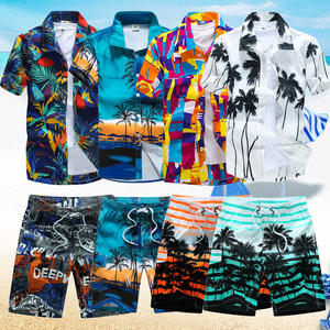 马尔代夫夏短袖男T恤男士沙滩衬衣宽松大码情侣沙滩衬衣套装海边