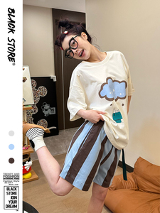 韩版少女印花ins风短袖睡衣女夏季新款大码T恤条纹短裤家居服套装
