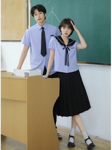 初中生班服衬衫学院风蓝色海军领短袖jk女裙韩版毕业服装学生套装