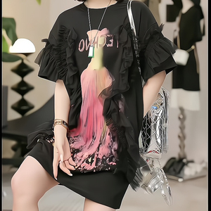 设计感拼接网纱印花短袖t恤连衣裙女夏季韩系中长款时髦宽松短裙