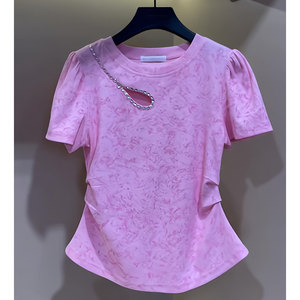 重工镶钻镂空小众粉色圆领短袖t恤女夏季设计感修身气质短款上衣