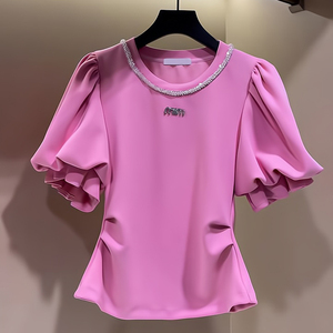 法式重工花苞短袖镶钻粉色t恤女夏季新款时尚百搭欧货收腰短上衣