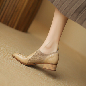 斯慕琳韩版时尚羊皮针织拼接方头粗跟单鞋女新款一脚蹬中跟小皮鞋