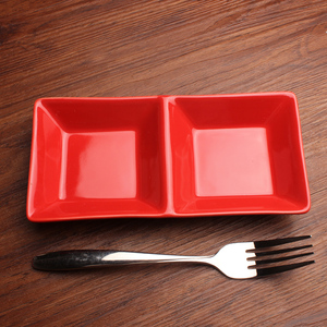 大红色料理餐具长方形陶瓷盘两格碟碗凉菜蘸料碟分格零食拼盘纯色