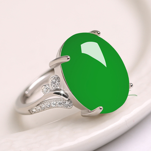 纯天然翡翠绿玉髓戒指随形黑色玛瑙戒水晶指环女s925纯银托可调节