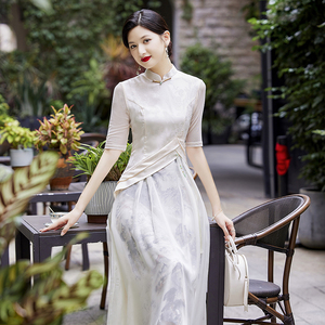 新款夏季新中式旗袍女中长款气质年轻款白色改良连衣裙优雅中国风